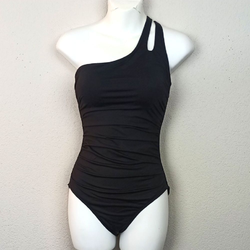 Holipick Women Elegant Black One-Shoulder One Piece Tummy Control Swimsuit sz S